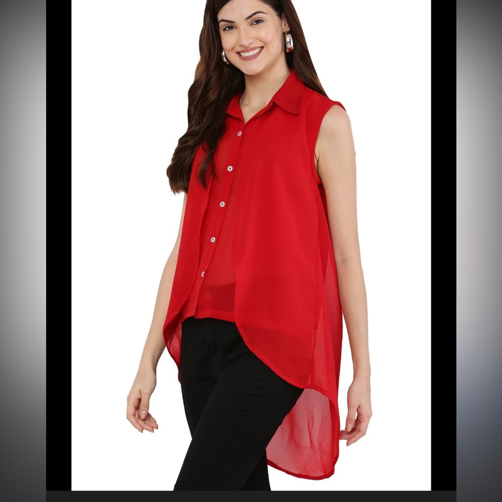 Cleo Shirt - red sheer high low cut sleeveless button front